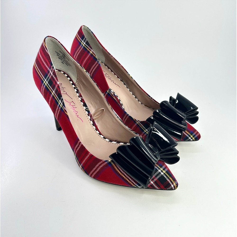 Betsey Johnson Bret Pumps 7 Red Tartan Plaid Black Bow Stiletto Cocktail Heels